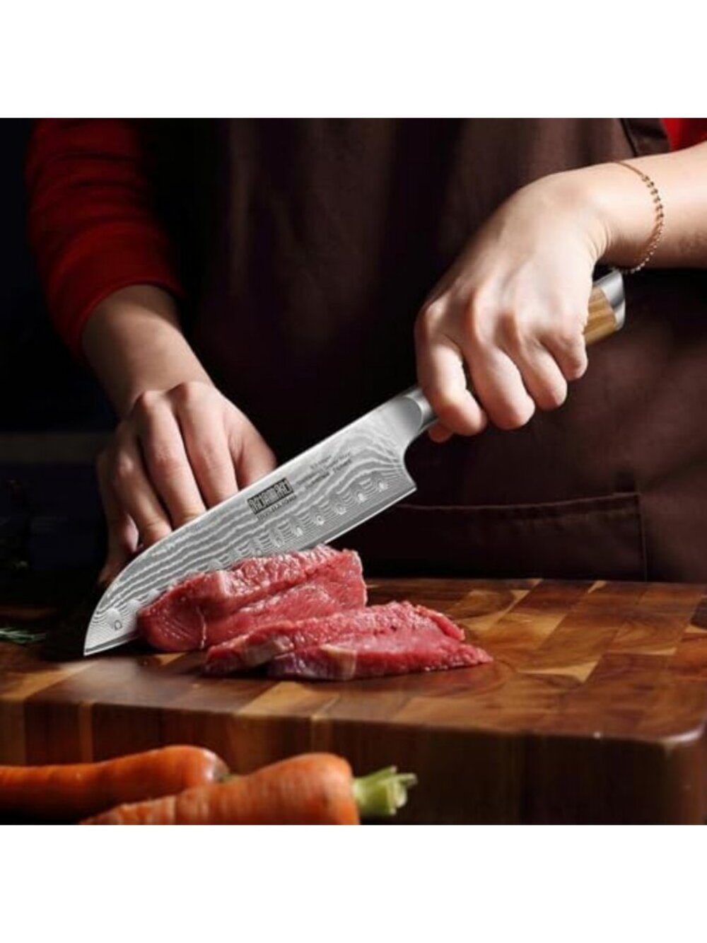 7" Damascus Santoku Knife - Sharp Chef Knife with Ergonomic Wood Handle - Picture 7 of 7